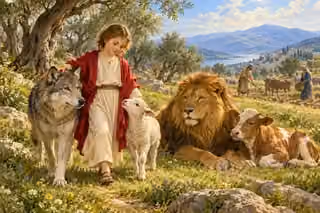 A child stands among a peaceful lion, calf, wolf, and lamb beneath olive trees.