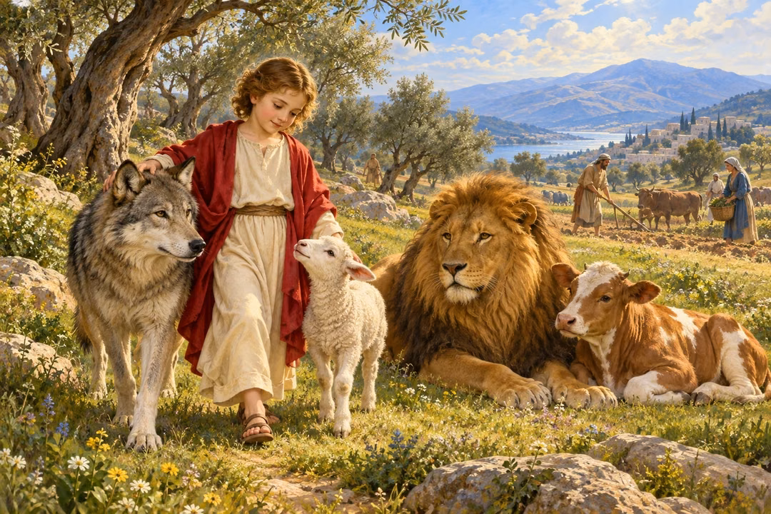 A child stands among a peaceful lion, calf, wolf, and lamb beneath olive trees.