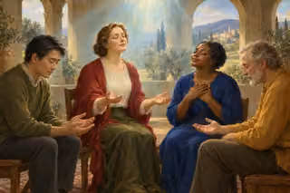 Four believers share a circle of prayer beneath one broad stream of divine light.