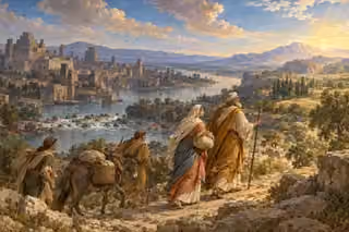 Abraham and Sarah lead a small caravan across a rocky river crossing, leaving Ur for an unknown sunlit land.