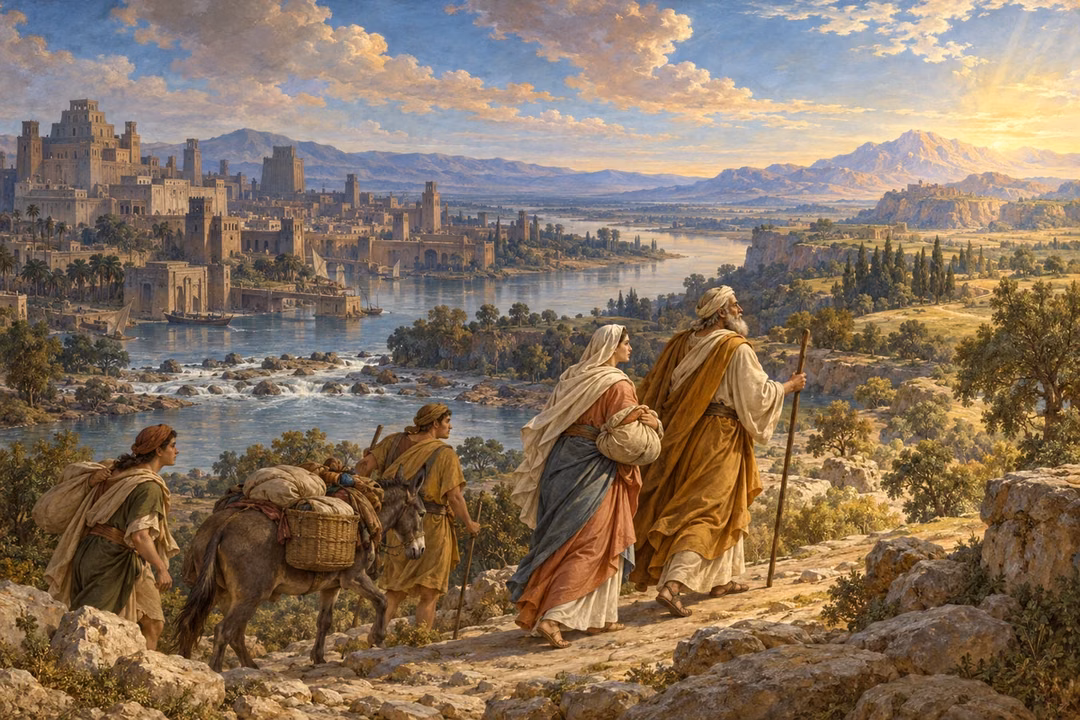Abraham and Sarah lead a small caravan across a rocky river crossing, leaving Ur for an unknown sunlit land.