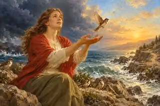 A woman releases a sparrow beside a rocky sea as storm clouds give way to reassuring dawn.