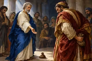 Peter extends his open hand toward Ananias and a small purse on the stone floor while Ananias conceals another purse behind his crimson robe and believers watch soberly.