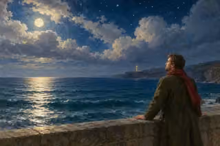 Raphael-inspired oil painting of a man in an olive coat and crimson scarf resting his hands on a sea wall beneath moonlit clouds and stars.