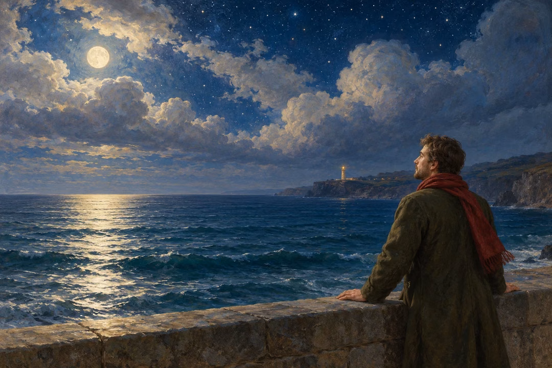 Raphael-inspired oil painting of a man in an olive coat and crimson scarf resting his hands on a sea wall beneath moonlit clouds and stars.