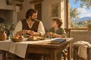 A father and son enjoy a simple meal in a modest sunlit home.
