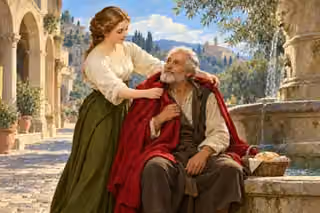 A woman places a warm crimson coat around an older neighbor’s shoulders beside a stone fountain.