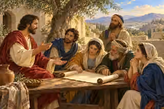 Paul teaches attentive Bereans as they examine an unmarked parchment together in an olive-shaded courtyard.