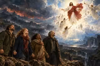 Four faithful adults look upward from a storm-scarred valley as Christ returns in luminous clouds with a trumpet-bearing angel and gathered saints.
