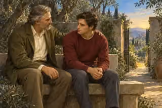 An older man offers gentle counsel to a younger man beside a garden path.