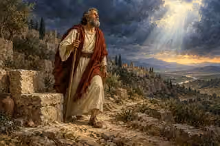 Oil painting of a weary, fully clothed Job stepping onto a rocky path beneath a small break of dawn light in storm clouds.