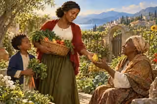 A woman shares a ripe pear with an elderly neighbor in a flourishing garden.