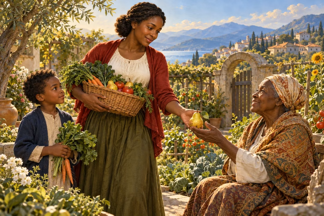 A woman shares a ripe pear with an elderly neighbor in a flourishing garden.
