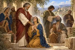 Peter and John lay hands on two worshippers in a Samaritan courtyard, surrounded by praying neighbors and soft light.