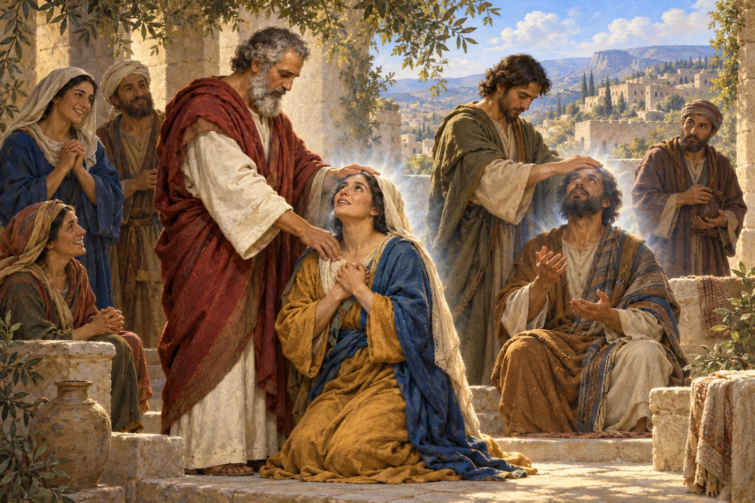 Peter and John lay hands on two worshippers in a Samaritan courtyard, surrounded by praying neighbors and soft light.