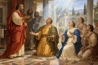 Peter speaks as Cornelius and his household praise God under descending Spirit light in a Roman atrium.