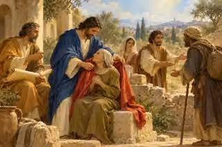 A believer gives a cloak to an elderly widow while others welcome a traveler through a dismantled wall, joining faith with righteous deeds.