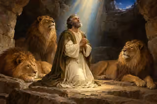 Daniel kneels in prayer beneath a golden shaft of light in a rocky den as three lions rest peacefully around him.