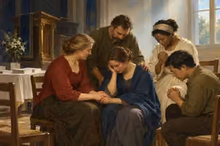 A humble prayer circle comforts a sorrowful neighbor beside an unused church lectern.