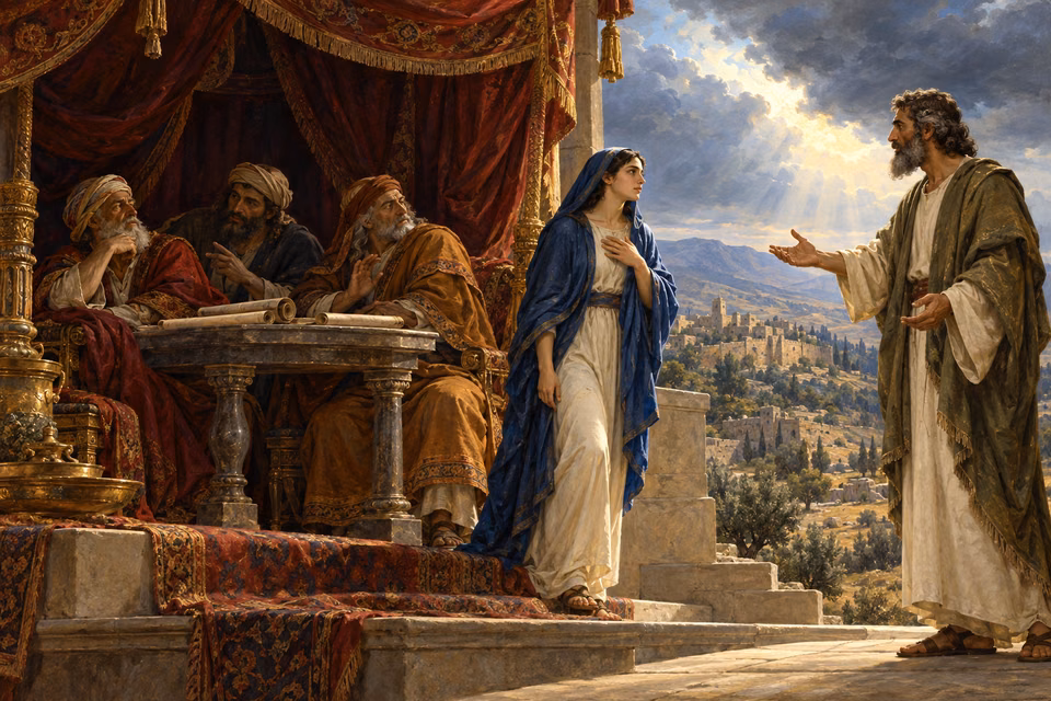 A humble listener steps out from a council's dark canopy to hear Isaiah's earnest counsel in the open light.