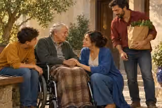 Four modern neighbors share a peaceful moment in a sunlit courtyard: a woman in a blue cardigan crouches beside an older man in a wheelchair and holds his hand, a teenager in an ochre sweatshirt listens with his phone set aside, and a man in a crimson shirt brings a paper bag of vegetables.