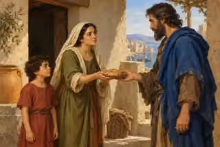 Raphael-inspired oil painting of the widow of Zarephath offering bread to Elijah while her young son watches in a shaded courtyard overlooking a harbor.