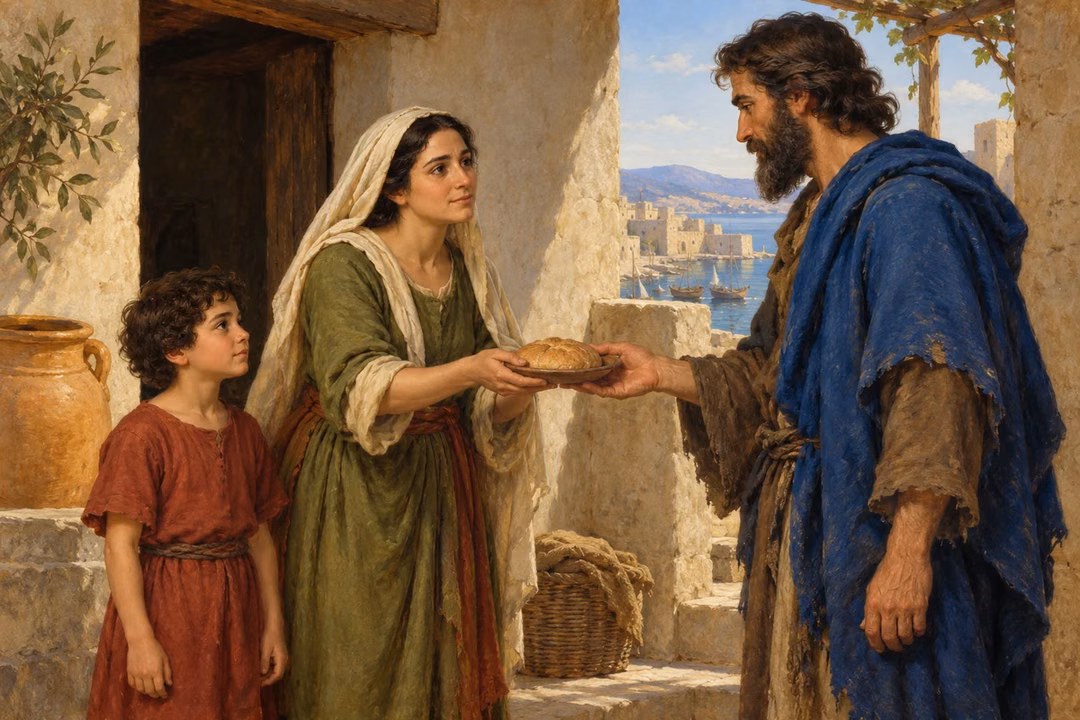 Raphael-inspired oil painting of the widow of Zarephath offering bread to Elijah while her young son watches in a shaded courtyard overlooking a harbor.