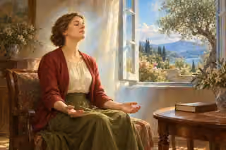 A woman in an ivory blouse and crimson cardigan prays with open hands beside a sunlit window overlooking an olive garden; an unmarked closed book rests on a wooden table.