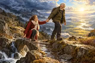 An older hiker helps a woman take the last step across a stone mountain bridge, with dark clouds behind and a sunlit valley ahead.