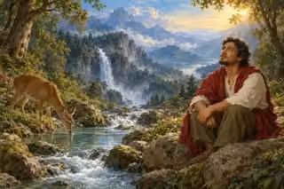 A hopeful man rests beside a mountain brook where a deer drinks.