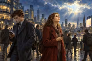 A young woman lowers her phone and looks toward light breaking through clouds while a man studies his screen and commuters hurry through a modern city.