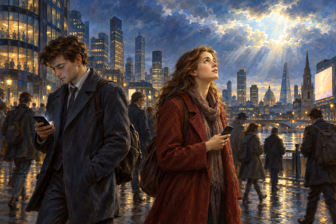 A young woman lowers her phone and looks toward light breaking through clouds while a man studies his screen and commuters hurry through a modern city.
