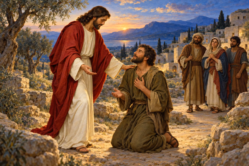 Jesus in ivory and crimson rests a compassionate hand on a kneeling man's shoulder while the man looks up in relief; three villagers witness beside a Galilean village at sunset.
