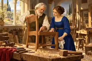 An experienced carpenter teaches a young apprentice beside a carefully made wooden chair.