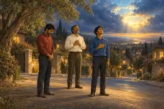 A South Asian father and his two adult sons pray quietly on a peaceful neighborhood street.