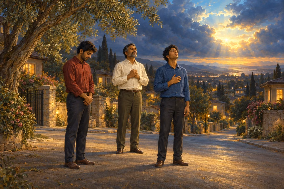 A South Asian father and his two adult sons pray quietly on a peaceful neighborhood street.