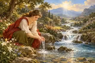 A woman cups freely flowing water from a luminous stream in a green valley.