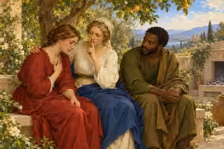 A compassionate listener keeps a friend's confidence beneath a fruitful tree while a neighbor listens quietly.