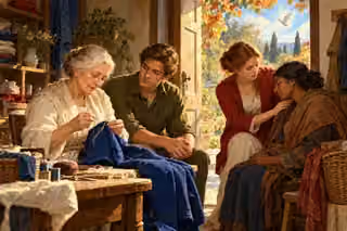 An older woman mends a blue coat beside a waiting man while a younger woman quietly comforts a weary neighbor near an open autumn doorway.