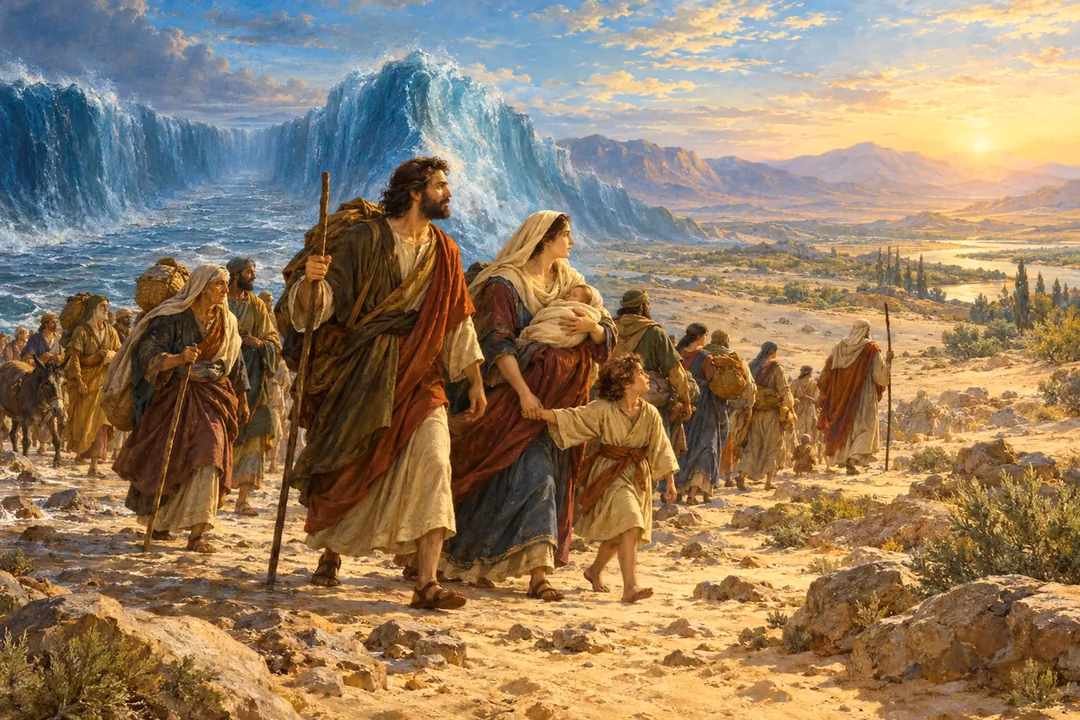 Hebrew travelers continue their journey beyond the parted sea toward dawn.