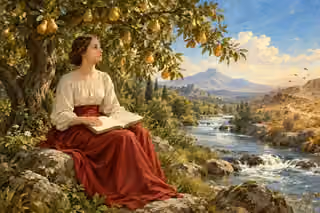 A woman in an ivory blouse and crimson skirt holds an open blank book beneath a fruiting tree beside a river; a dry windblown hillside lies beyond.