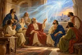 Disciples gather in an ancient upper room filled with soft pearl and cyan light at Pentecost.