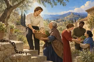 A man leaves a broken chain behind and helps an elderly neighbor while others share food, showing grace expressed in a changed life.