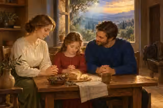 A mother, father and daughter pray peacefully over a simple loaf at a wooden table, with a quiet sunlit valley beyond the window.