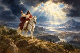 Christ on a white horse stands beneath a vast opening in dark clouds.