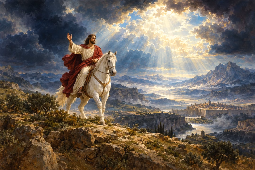 Christ on a white horse stands beneath a vast opening in dark clouds.
