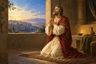 Daniel kneels in steady prayer beside an open window at early morning.