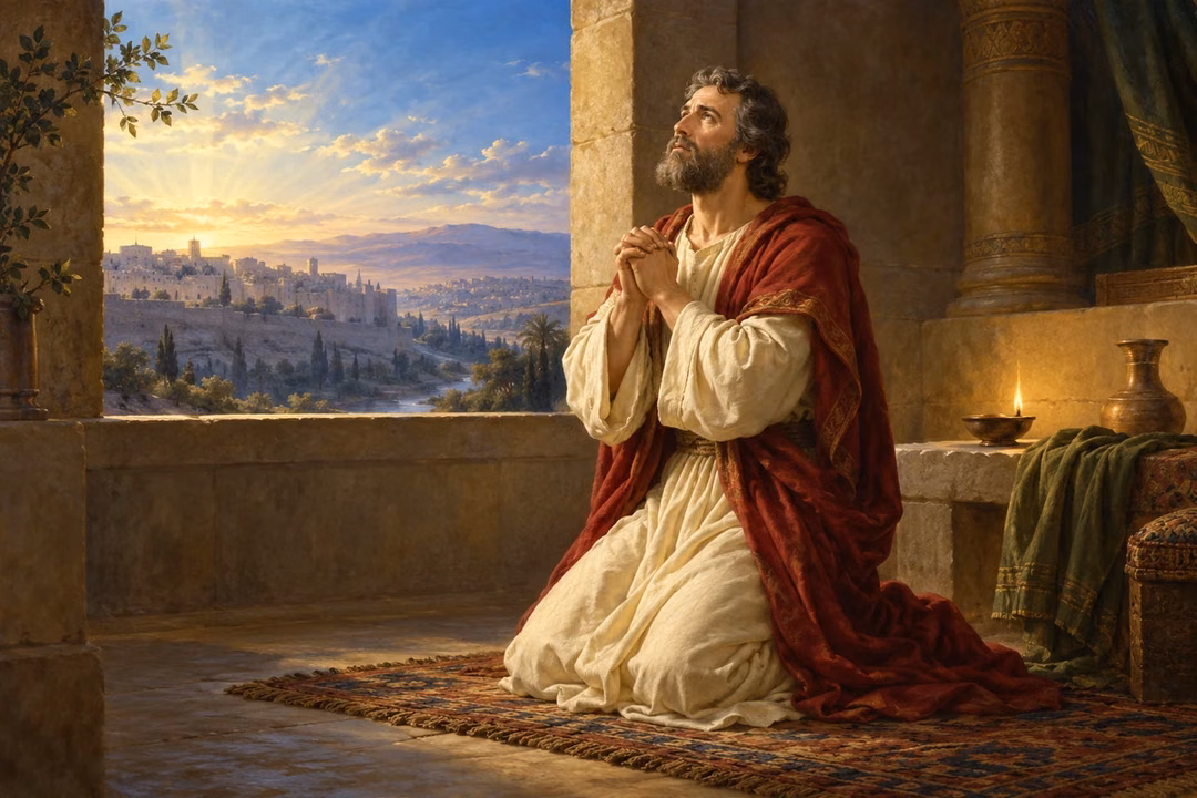 Daniel kneels in steady prayer beside an open window at early morning.