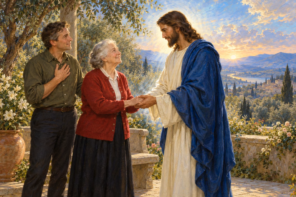 Painting of the risen Jesus gently taking an elderly woman's hand as she stands beside a garden bench, with her grateful son nearby in soft dawn light.