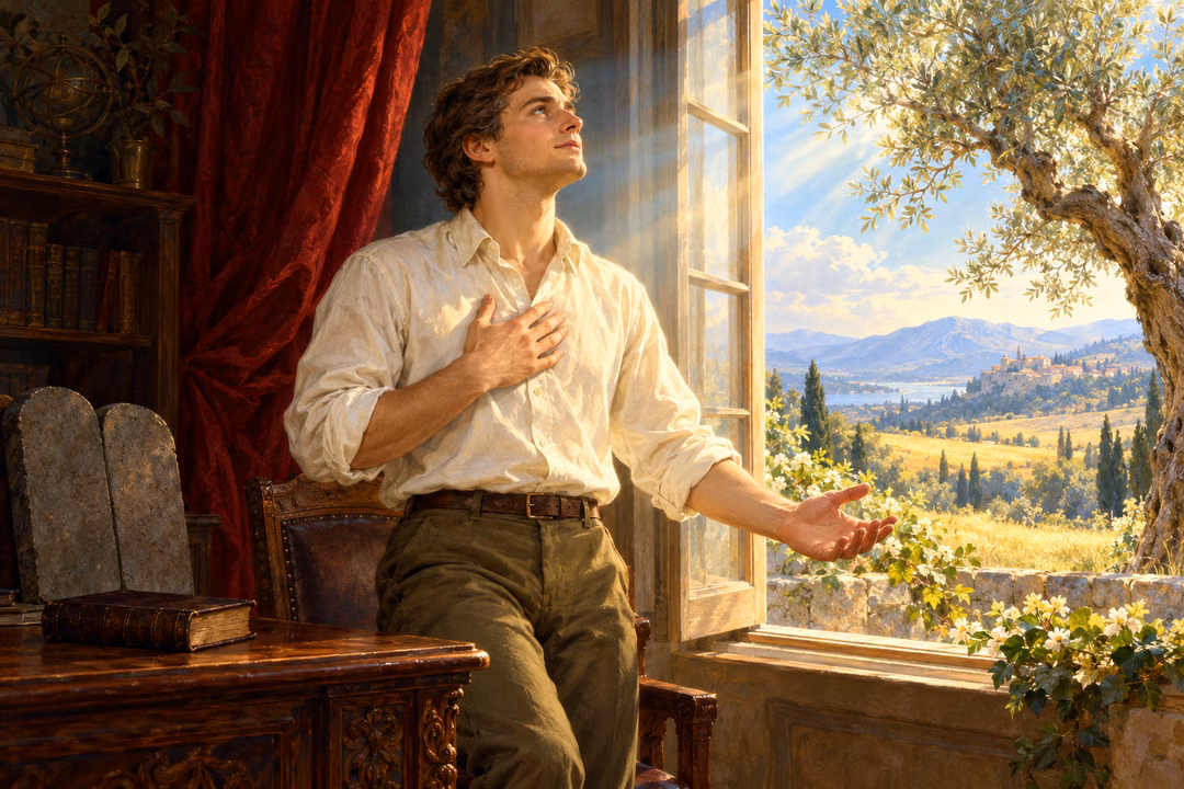 A man stands in a home study with a hand over his heart, opening his other palm toward sunlit olive trees while a closed book and plain stone tablets remain on the desk.